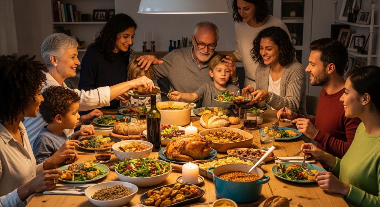 Family enjoying a cozy Sunday dinner with healthy, comfort, and one-pot meals.