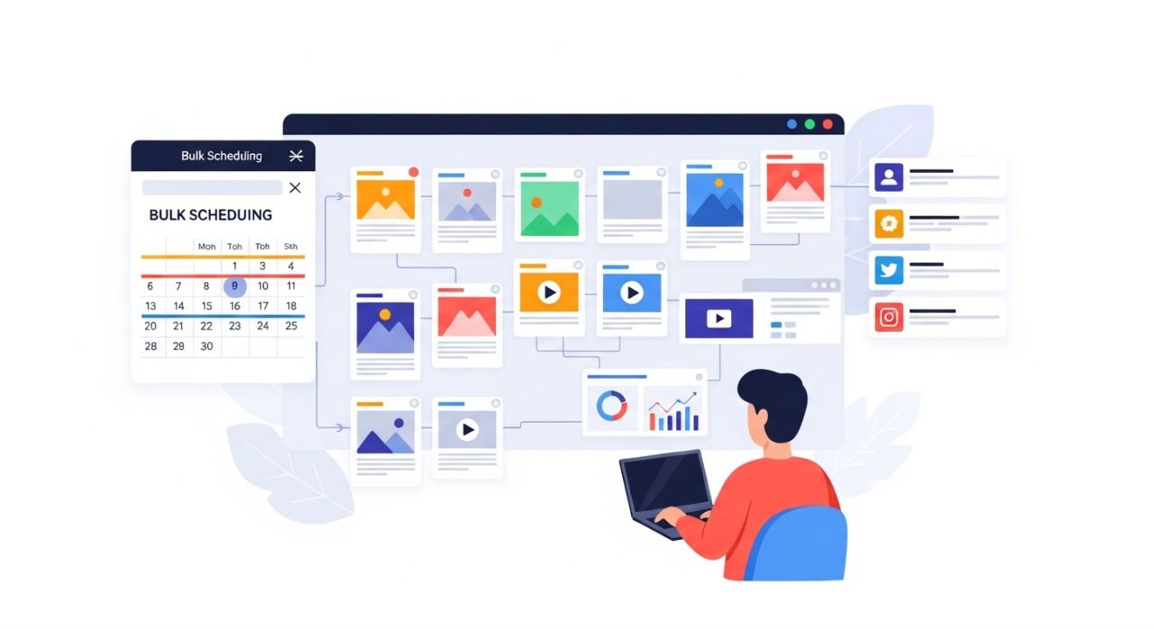 "Content batching strategy illustration showing multiple posts scheduled at once for consistency."