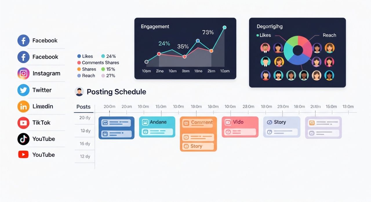 "Smart content posting schedule with audience engagement metrics across platforms."