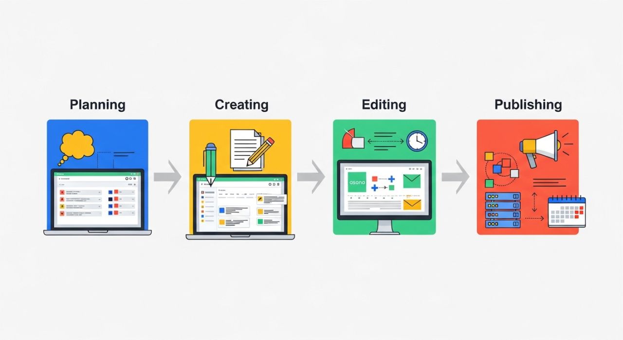 "Content workflow management showing streamlined steps from creation to publishing."