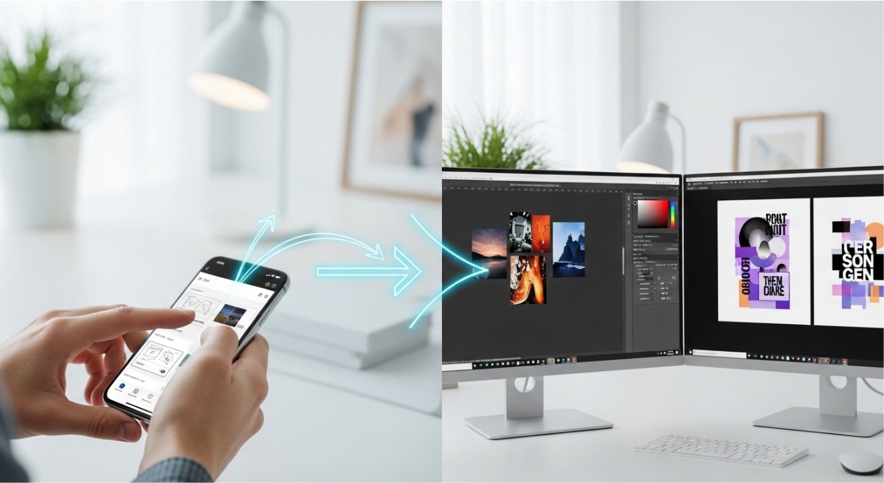 Designer using mobile apps on the left and desktop design software on the right showing workflow flexibility.