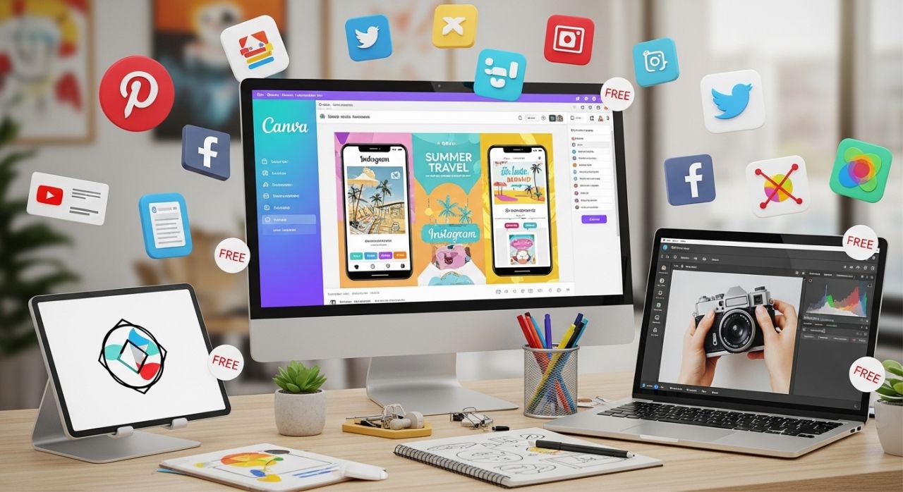 Free design apps displayed on mobile and desktop with social media graphics and logos for beginners.