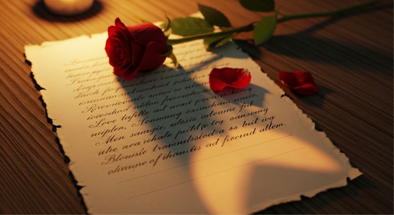 Handwritten love letter with rose showing deep emotional expression of love quotes for him.
