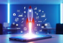 Rocket launching from smartphone showing branding and marketing growth success concept