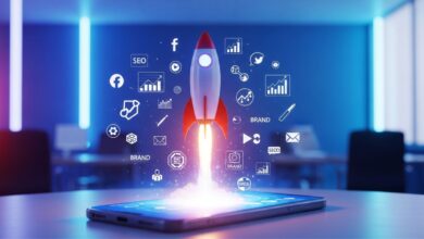 Rocket launching from smartphone showing branding and marketing growth success concept