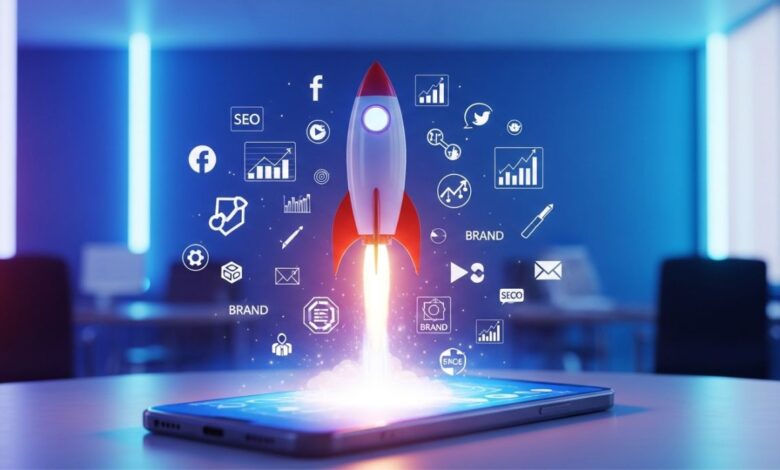 Rocket launching from smartphone showing branding and marketing growth success concept