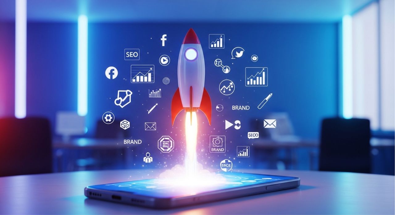 Rocket launching from smartphone showing branding and marketing growth success concept