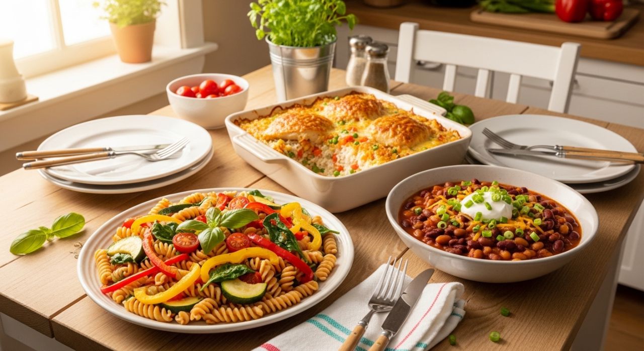 Budget-friendly Sunday dinner with vegetable pasta, chicken casserole, and bean chili.