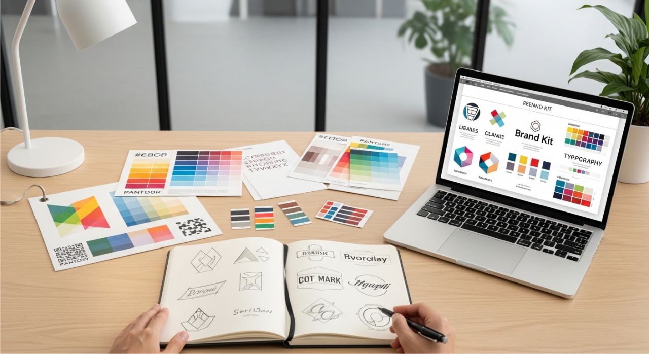 Designer creating strong brand identity with logo and color palette