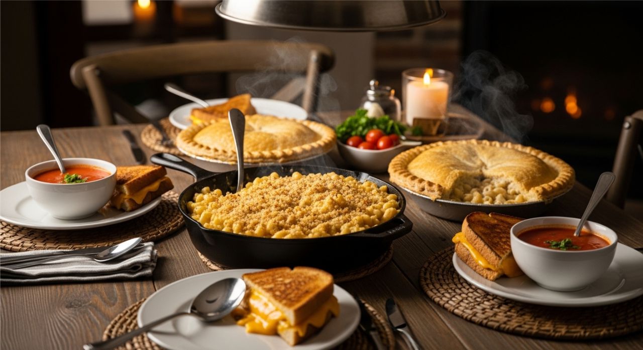 Comfort food Sunday dinner with macaroni and cheese, chicken pot pie, and tomato soup.