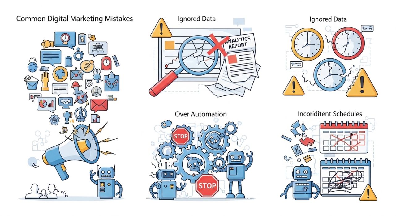 "Illustration showing common content scheduling mistakes like inconsistent posting and ignored analytics."