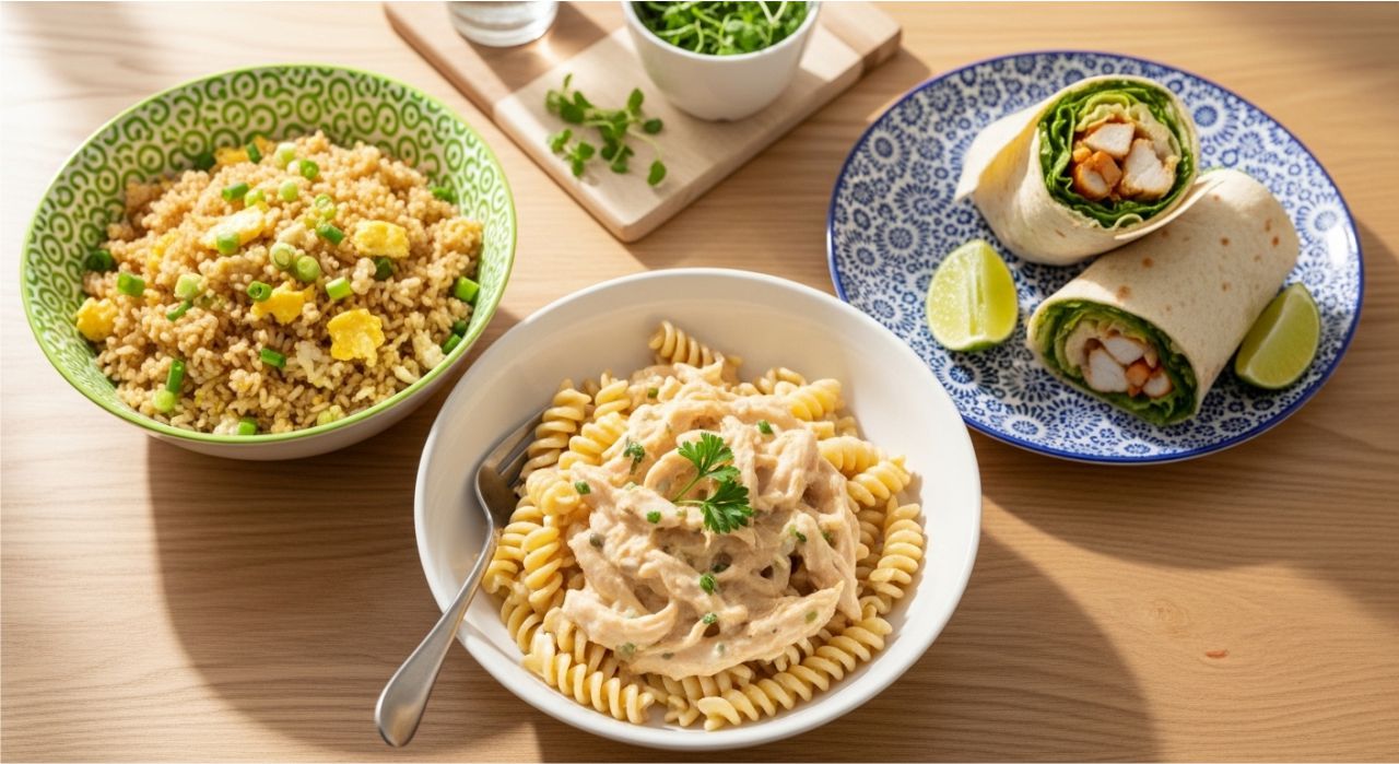 Easy Sunday meals like creamy chicken pasta and chicken wraps on a bright kitchen table.