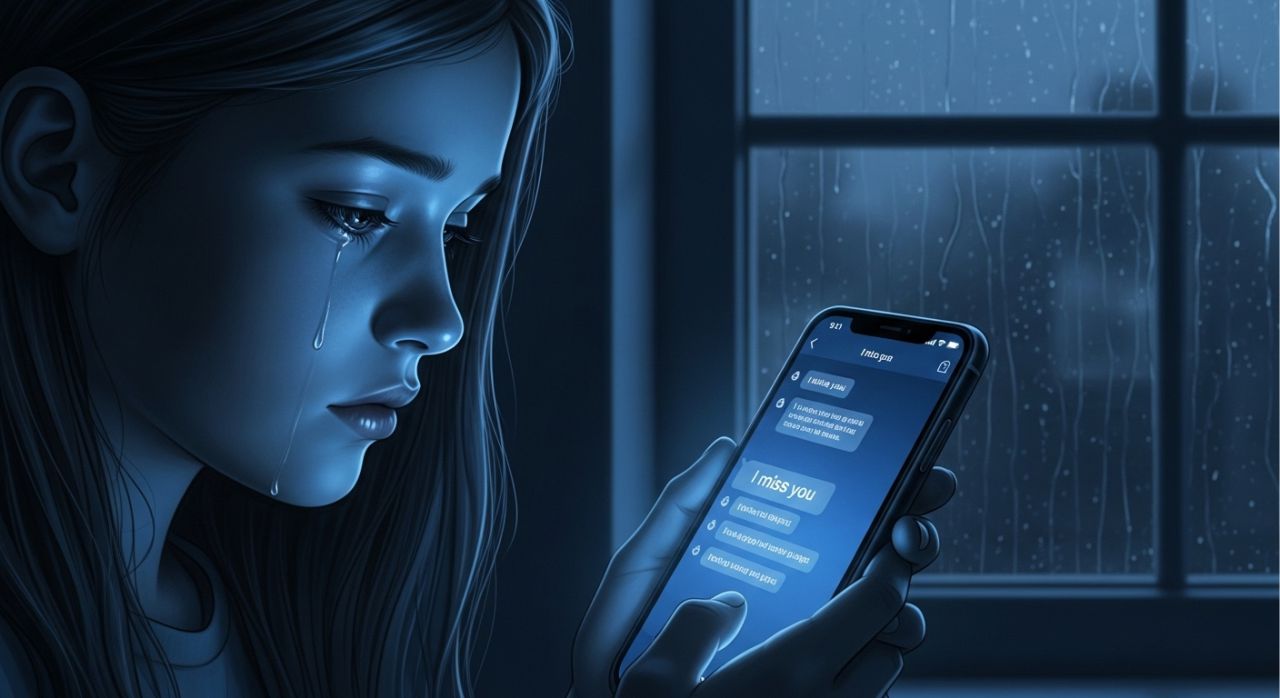 Girl missing her boyfriend while reading emotional missing you love messages on phone at night.