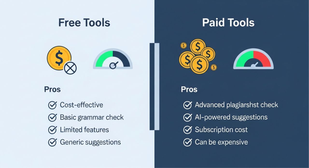 Comparison between free essay writer tools and paid tools showing features, pros, and limitations.