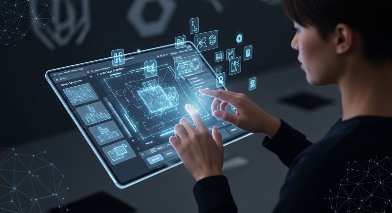 Futuristic AI-powered design apps helping designers create visuals with smart templates and automated tools.