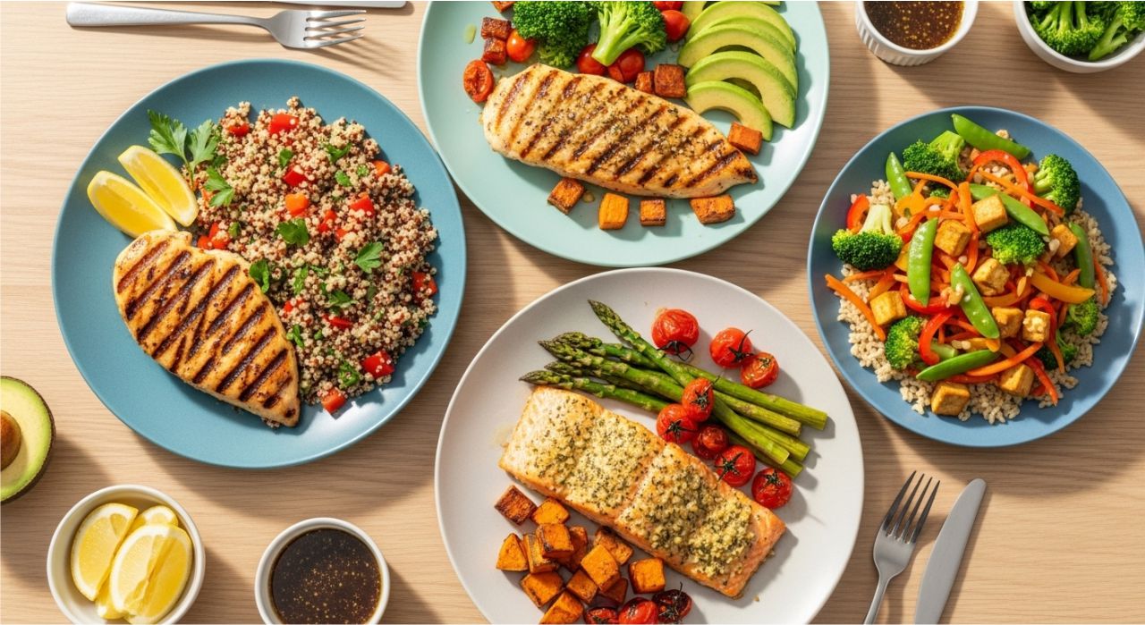 Healthy Sunday dinner with grilled chicken, salmon, and vegetable stir-fry.