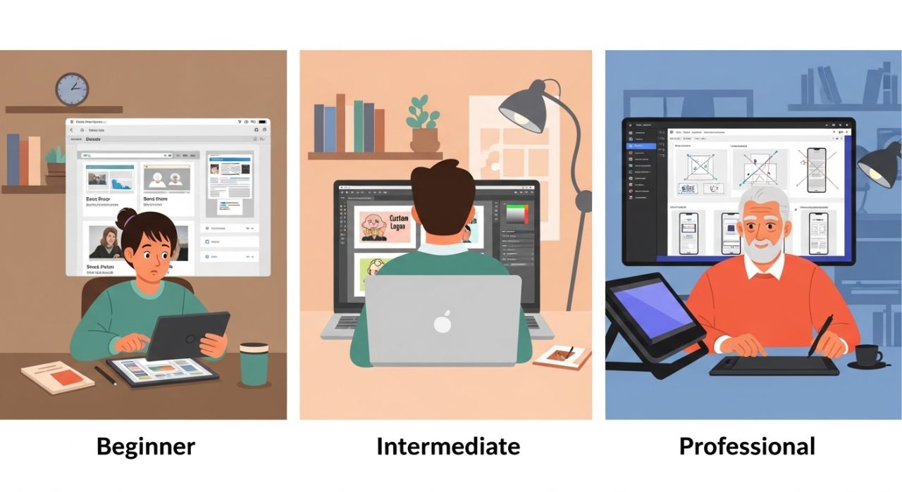 Comparison of beginner, intermediate, and professional design tools for choosing the right apps based on skill level.