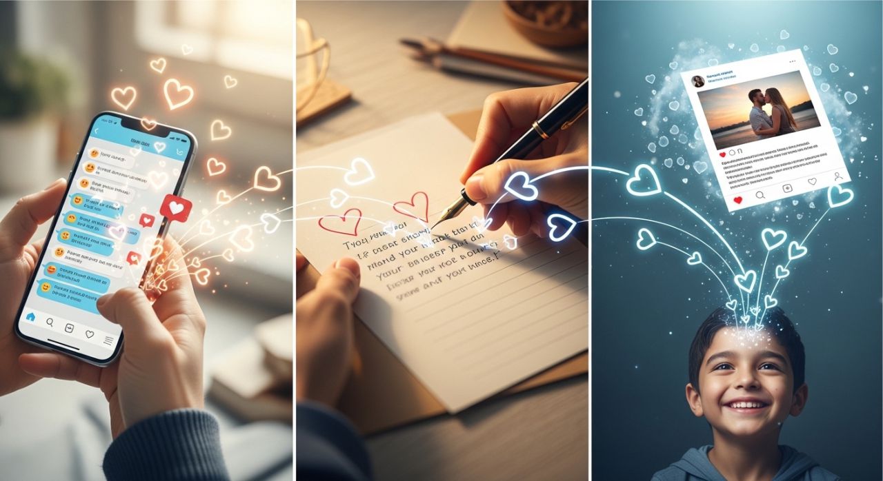 Different ways of sending love quotes including text, handwritten notes, and social media messages.