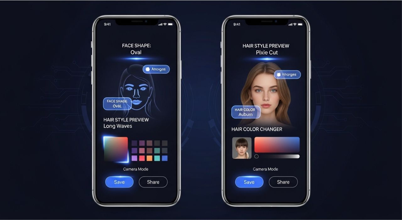 Key features of free hairstyle app including AI preview, face detection, and hair color tools.