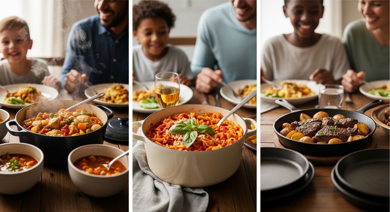 One-pot Sunday dinner with chicken stew, pasta, and beef skillet for easy cleanup.