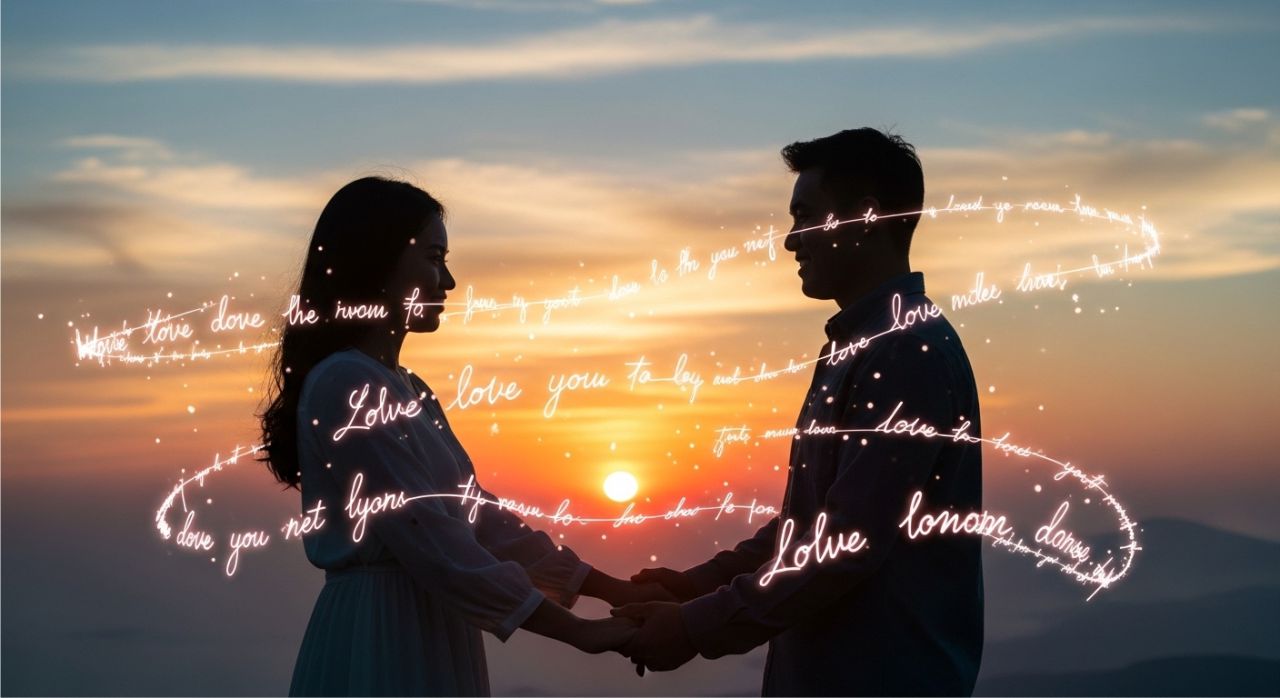 Couple holding hands with glowing love messages symbolizing deep emotional connection and care.