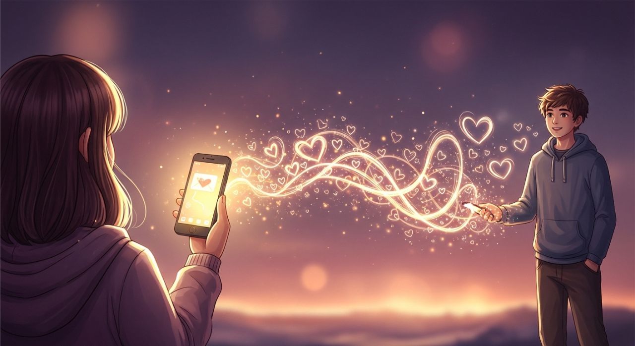 Emotional love message traveling through phone connecting two lovers across distance.