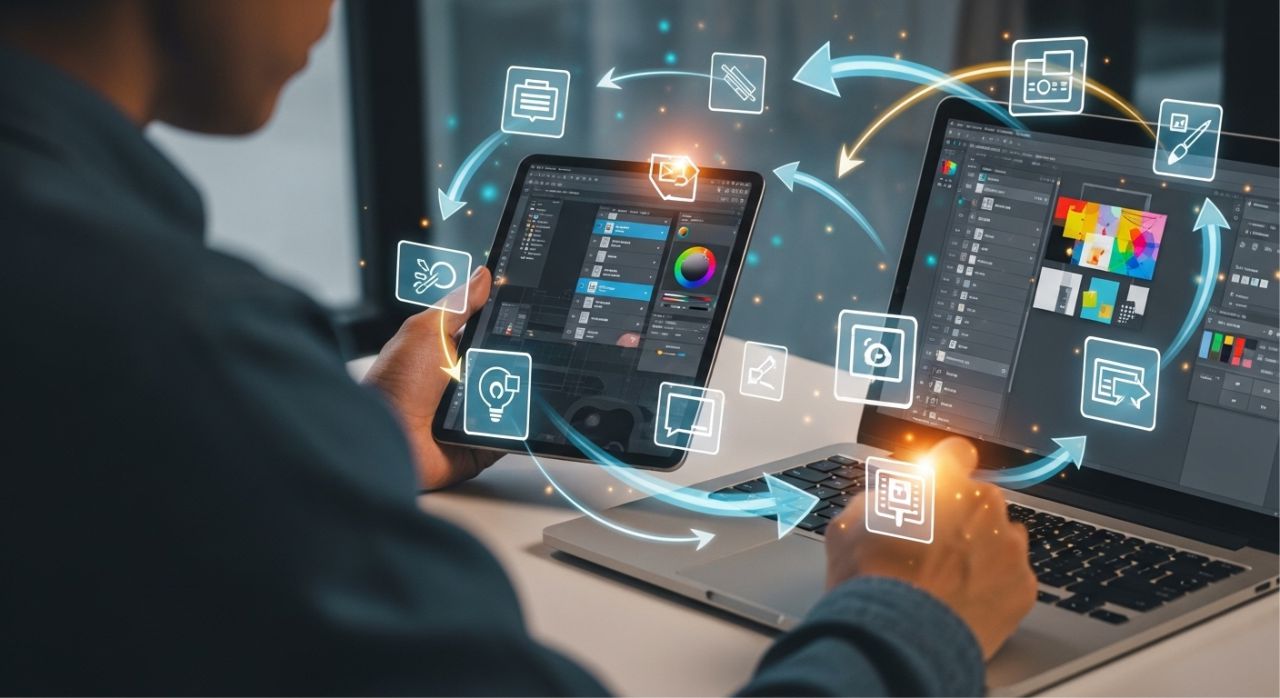Designer combining multiple apps and using templates and shortcuts to boost design skills quickly.