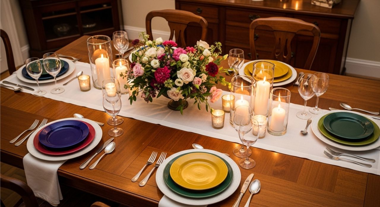 Special Sunday dinner with cozy table setting, candles, and family bonding.