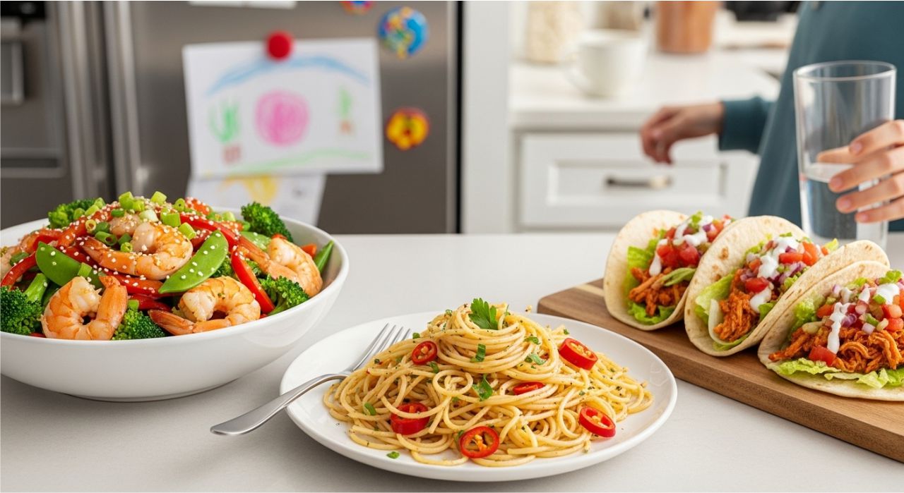 Quick Sunday dinner ideas like shrimp stir-fry, spaghetti, and chicken tacos.