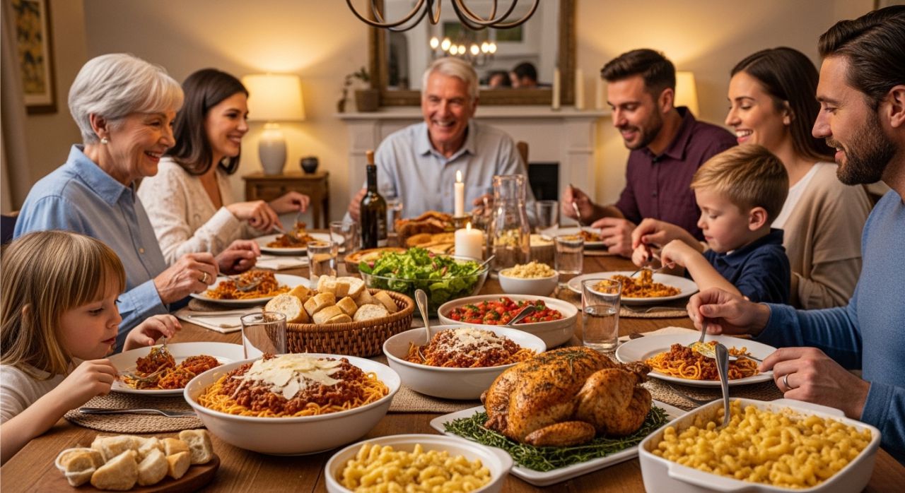 Large family enjoying Sunday dinner with spaghetti, roasted chicken, and macaroni casserole.