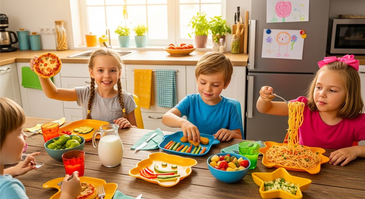 Kid-friendly Sunday dinner with mini pizzas, chicken nuggets, and hidden veggie spaghetti.