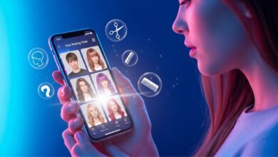 Person using free hairstyle app on phone showing AI hairstyle transformations and virtual hair previews.