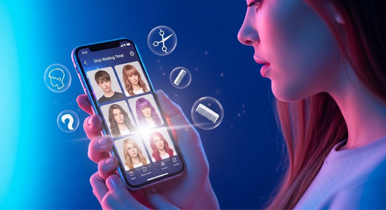 Person using free hairstyle app on phone showing AI hairstyle transformations and virtual hair previews.