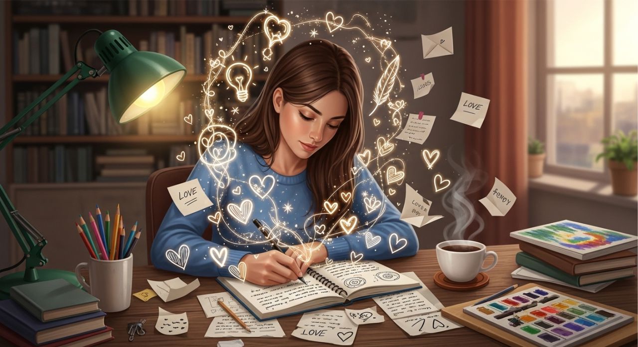 Girl writing emotional love quotes in notebook with creative romantic inspiration around her.