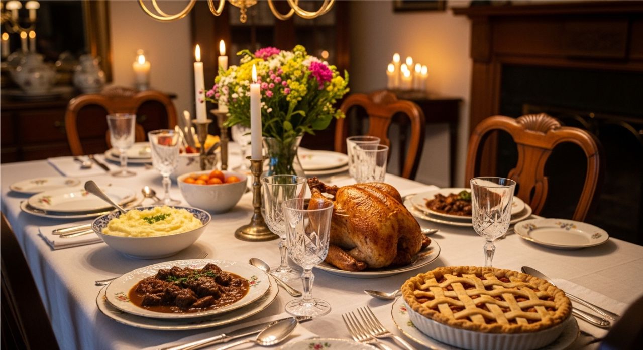 Traditional Sunday dinner with roast chicken, mashed potatoes, and beef stew.