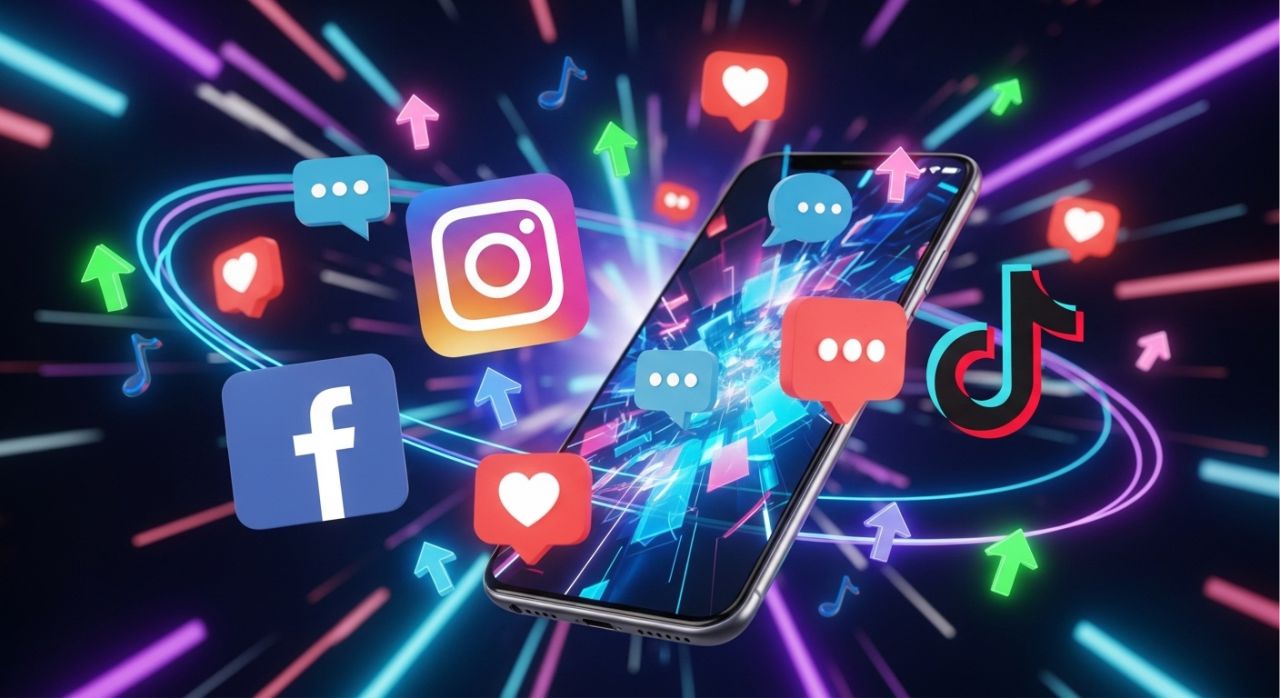 Social media marketing engagement on smartphone with trending icons