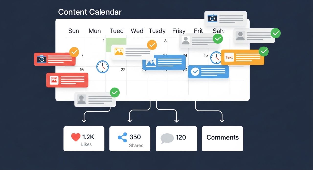 "Visual representation of content scheduling strategies with a calendar and audience engagement icons."