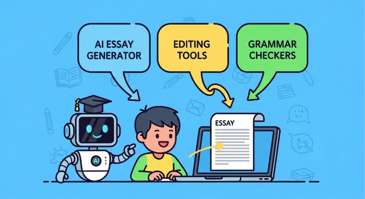 Illustration of a free essay writer AI tool helping a student create, edit, and check essays.