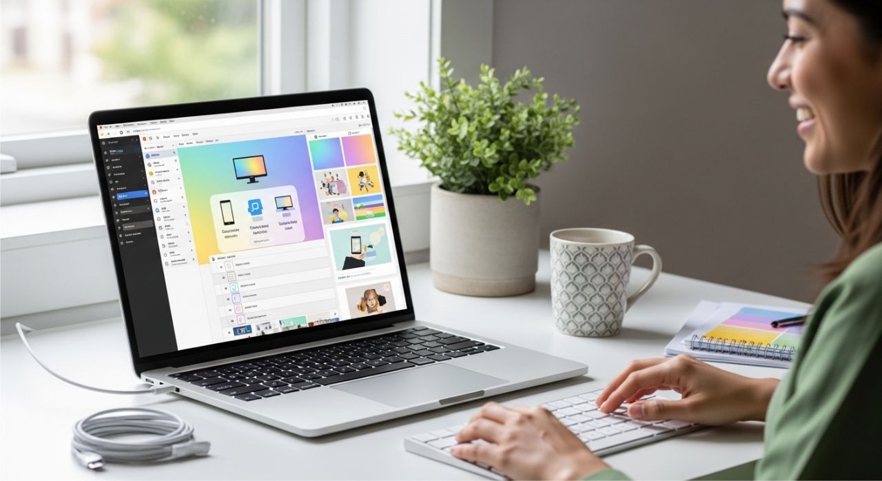 Designer working on a laptop with user-friendly design apps, templates, and AI tools for 2026.