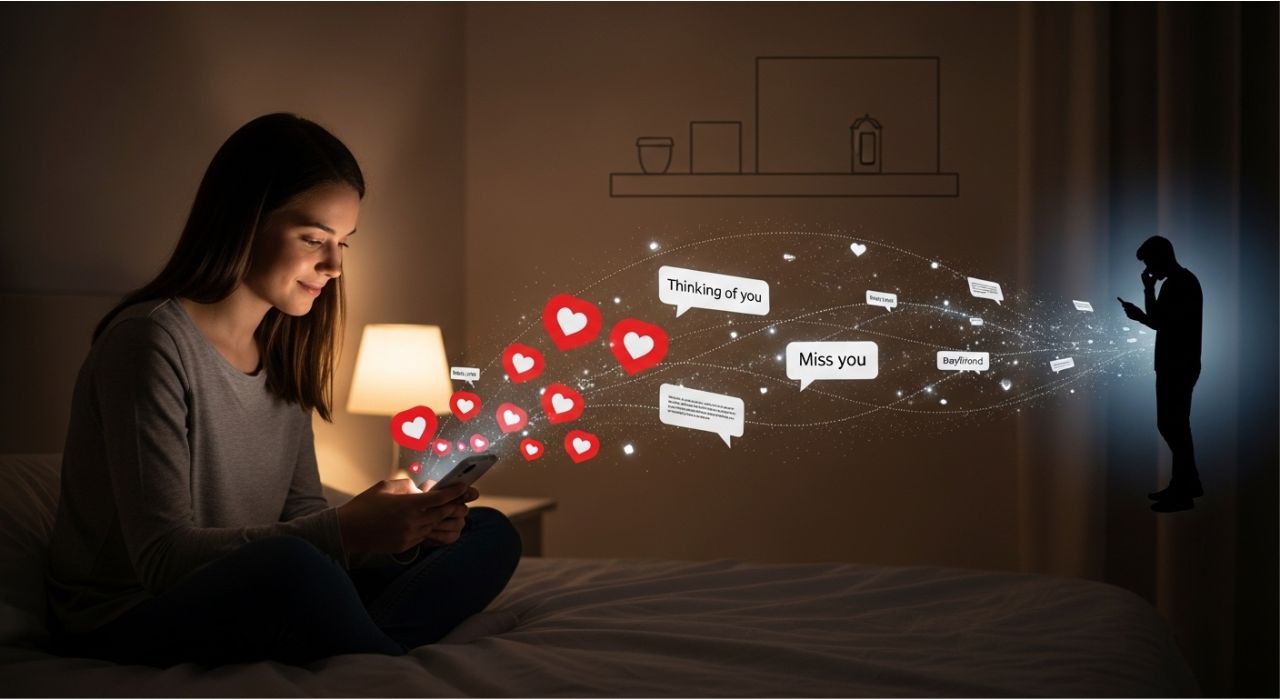 Girl sending emotional love quotes on phone creating strong emotional connection with distant boyfriend.