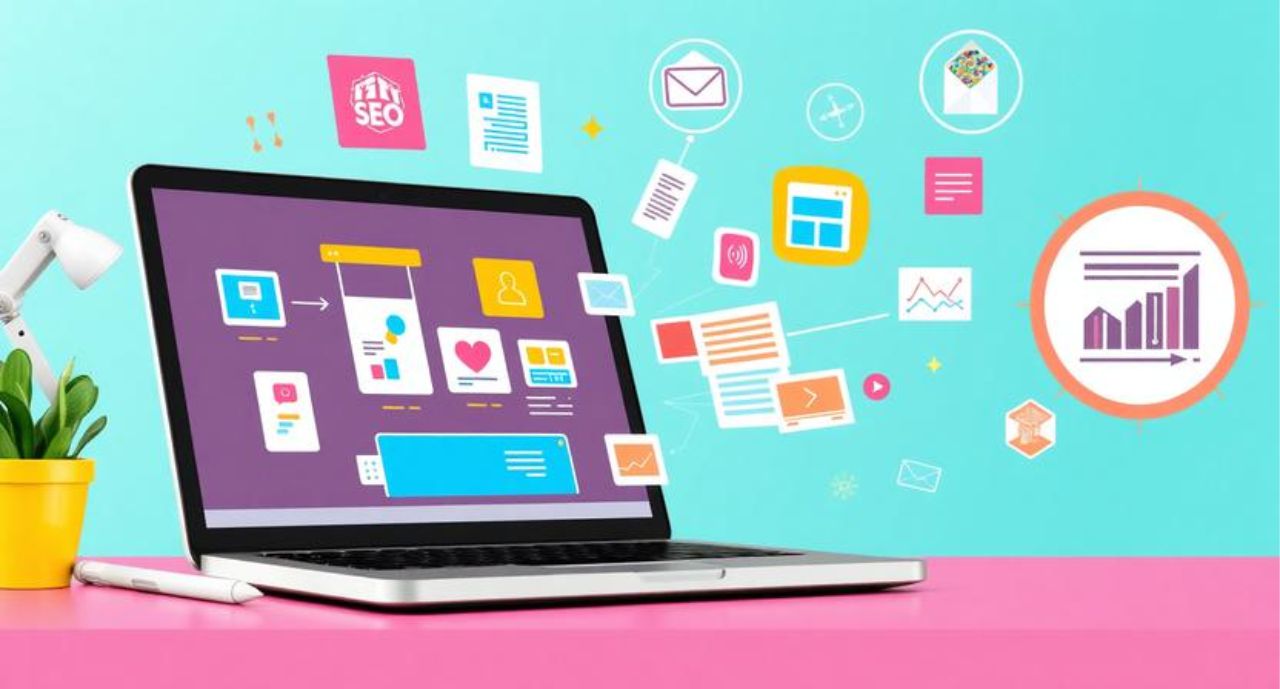 AI marketing tools creating social media posts, SEO content, and digital advertising for small businesses.