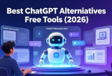 Futuristic AI interface showing ChatGPT alternatives with writing, coding, and research icons for 2026 guide.