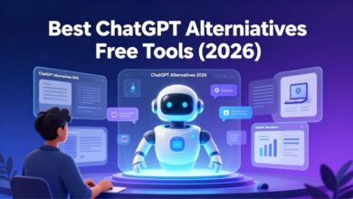 Futuristic AI interface showing ChatGPT alternatives with writing, coding, and research icons for 2026 guide.