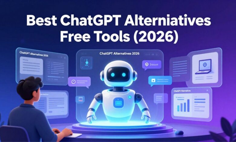 Futuristic AI interface showing ChatGPT alternatives with writing, coding, and research icons for 2026 guide.