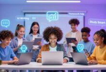 Students using AI tools on laptops and tablets in a futuristic classroom for smarter learning in 2026.