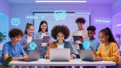 Students using AI tools on laptops and tablets in a futuristic classroom for smarter learning in 2026.