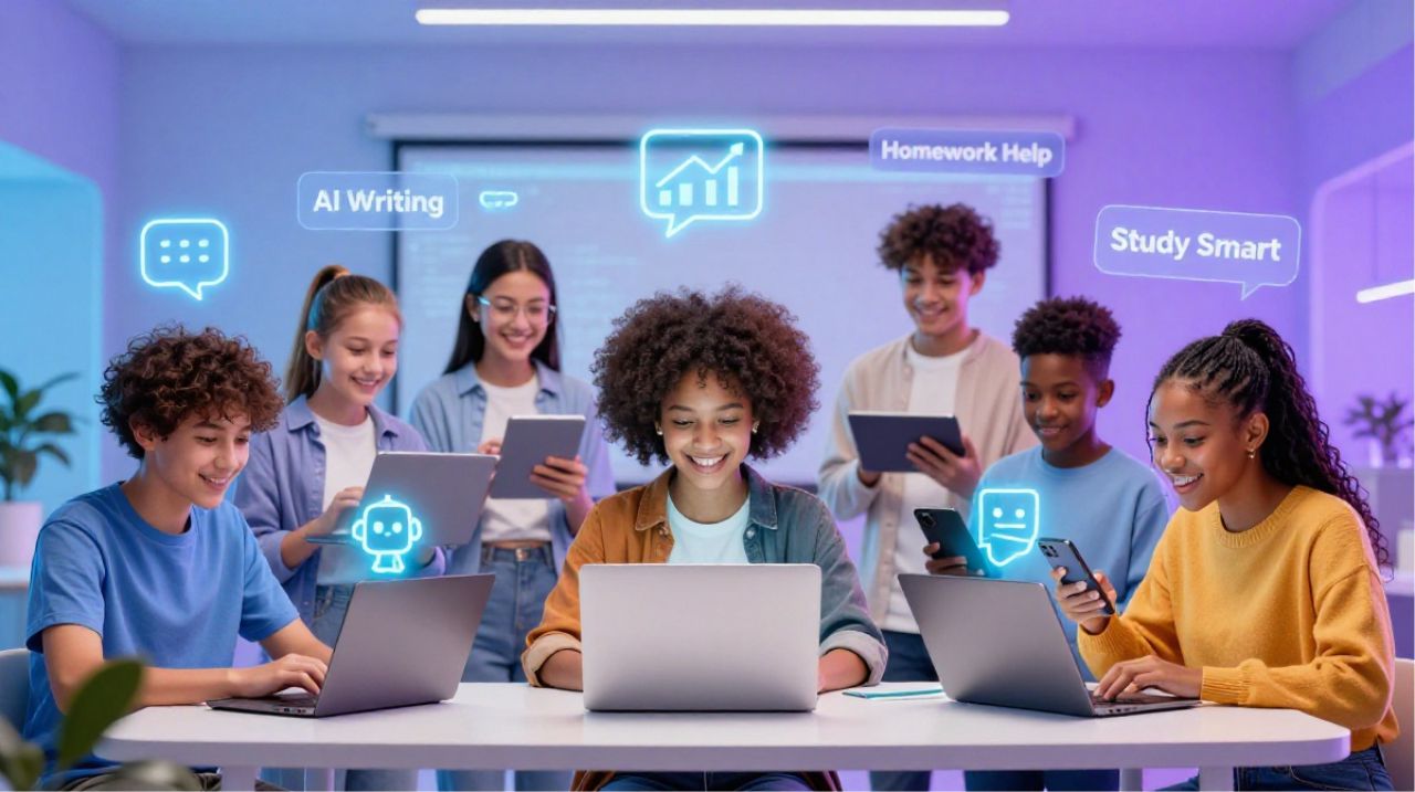 Students using AI tools on laptops and tablets in a futuristic classroom for smarter learning in 2026.