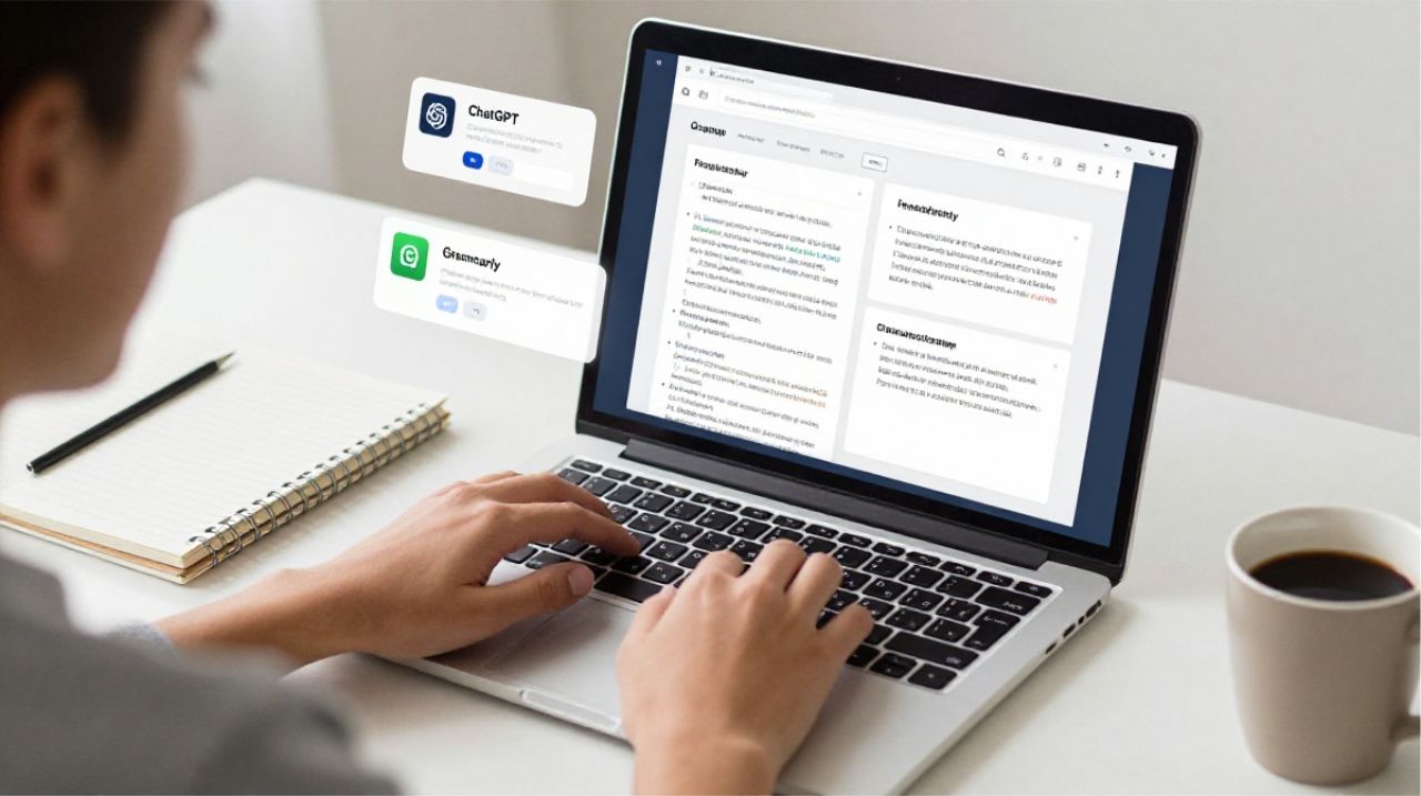 Student using AI writing tools for essays, grammar correction, and homework writing assistance.