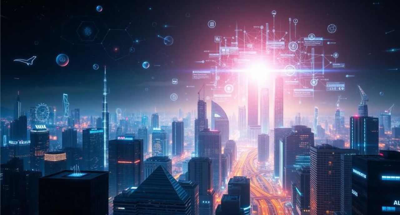 Future AI-powered business world with automation, AI agents, and predictive analytics in 2026.
