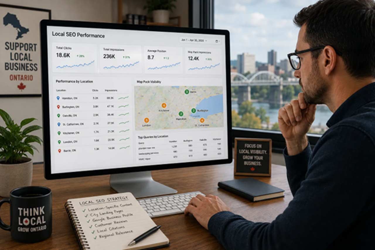 Ontario business owner reviewing local SEO content strategy